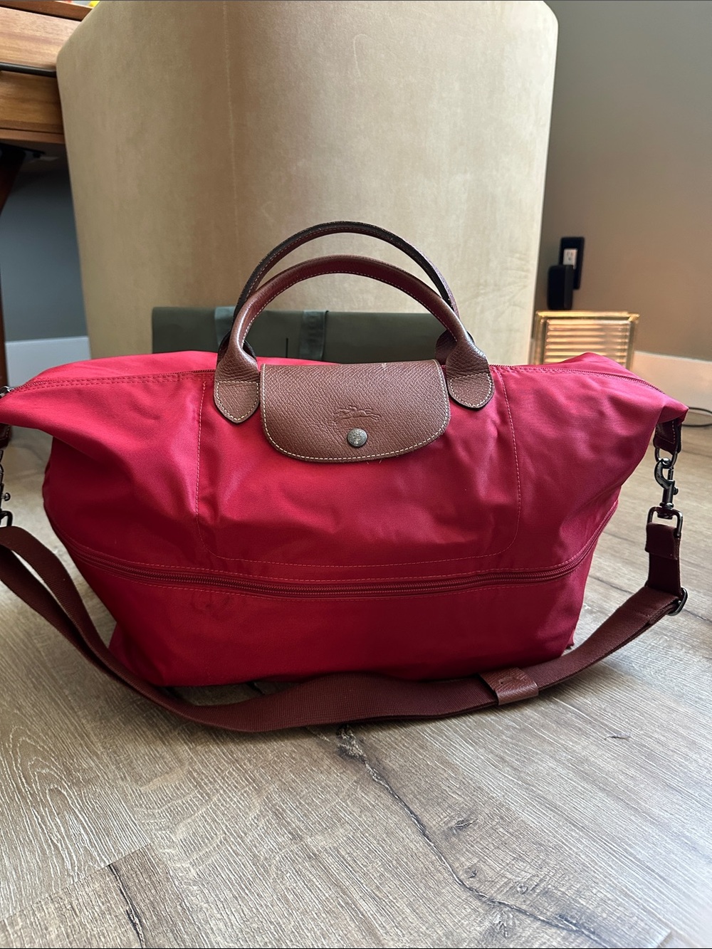 Longchamp Red Nylon Duffel with Brown Leather Trim